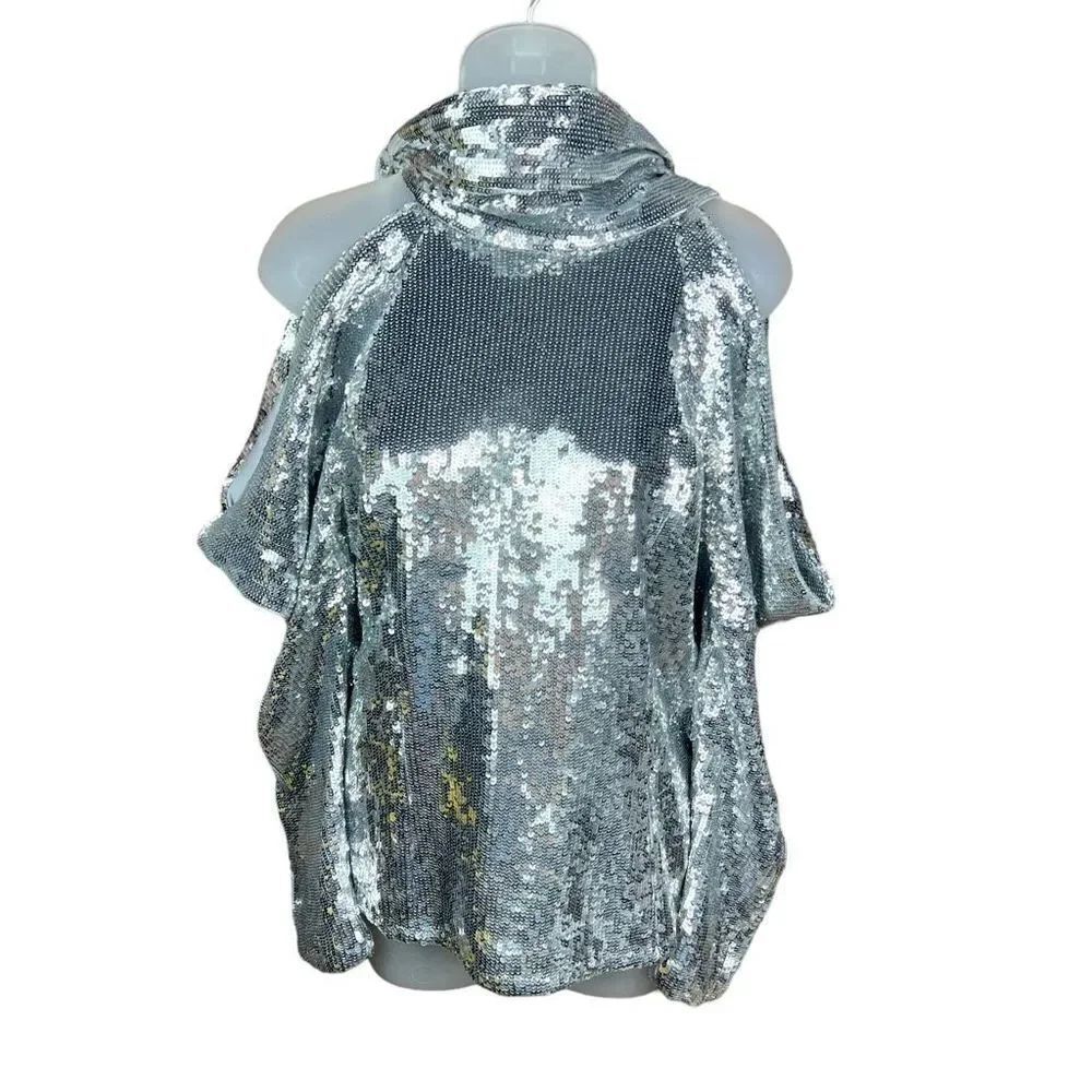 INC International Concepts Top Sequined Silver Cold Shoulder Scarf Neck Medium